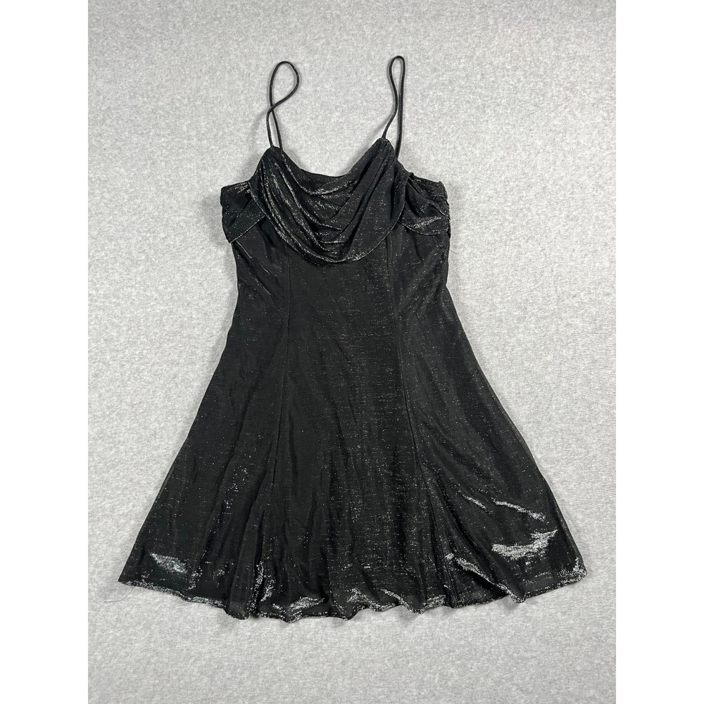 VTG Y2K Little Black Dress Women 9/10 Black Metallic Cowl Neck Sparkle LBD Goth